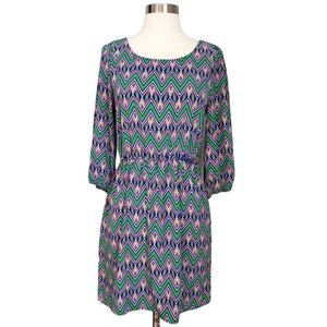 Hello Miss Chevron Dress Purple Pink Green 3/4 Sleeve Elastic Waistband Size M B